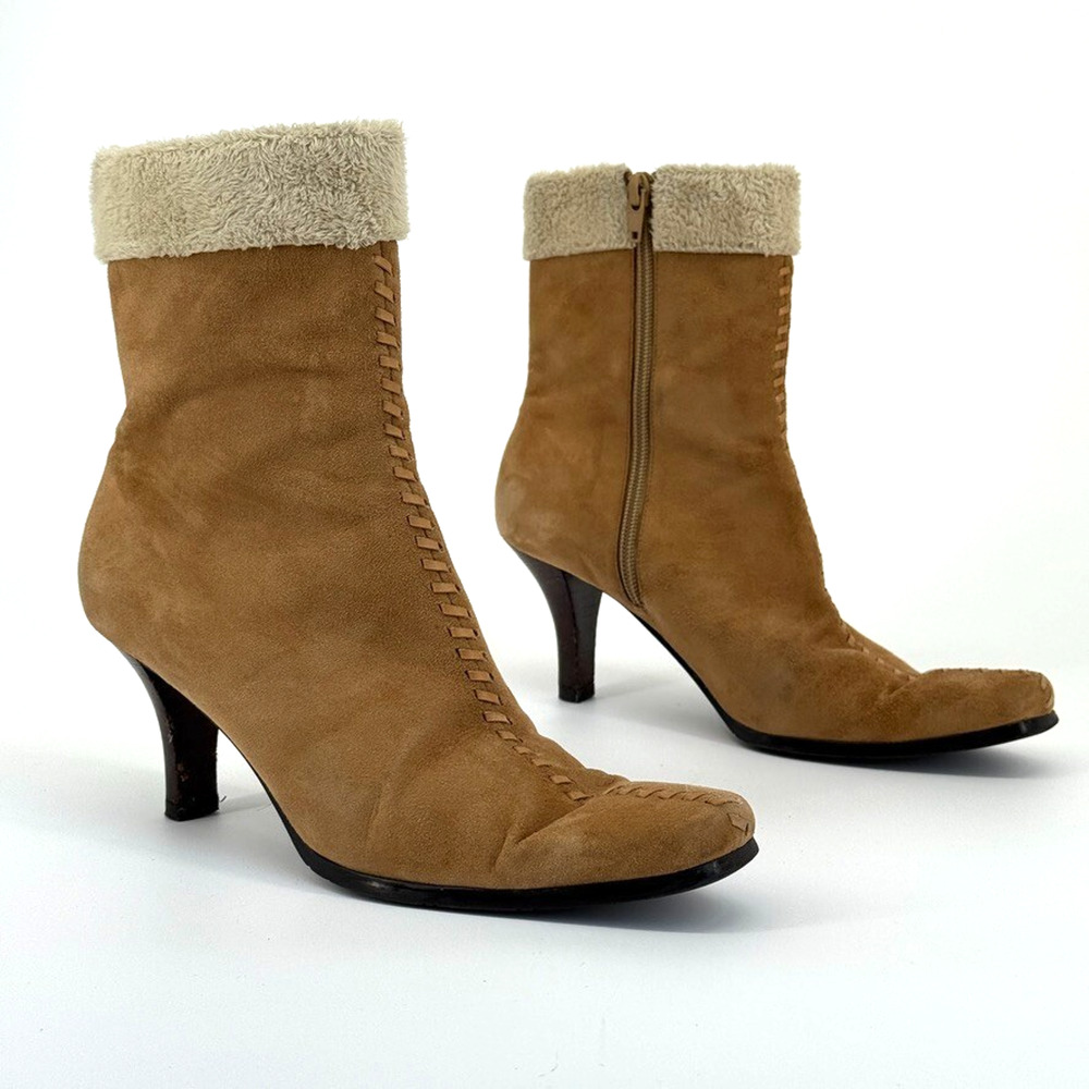Vtg Y2K Marinelli Womens Suede Shearling Boots Sz 7.5 Cozy Winter Tan 2000s Read